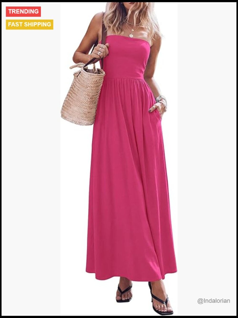 Strapless Maxi Dress with Pockets Flowy A-Line Summer Dress